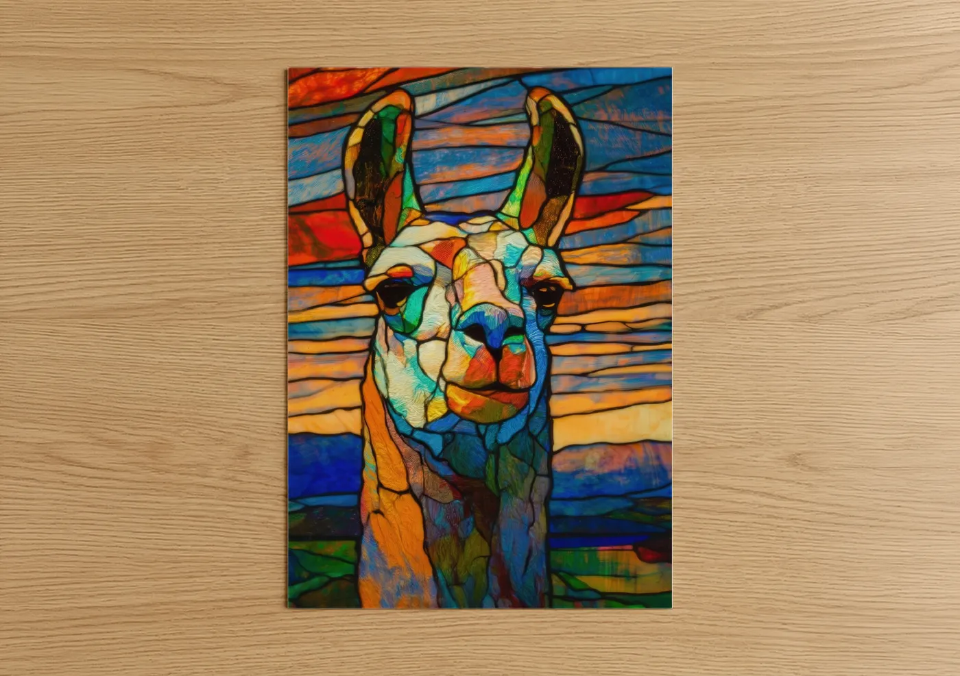 Art print on warm oak wood — orange and blue palette — Colorful Llama poster