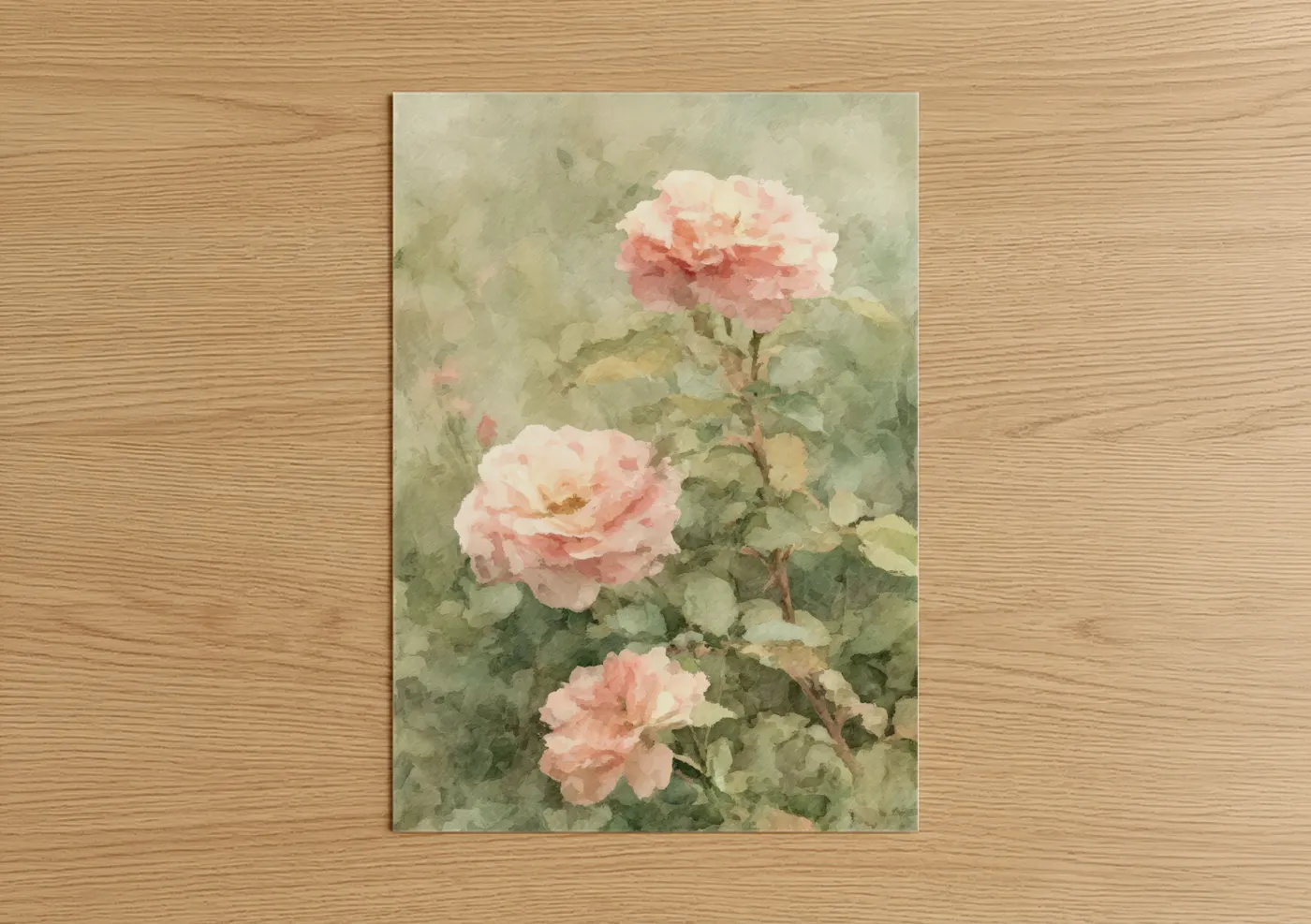 Art print on warm oak wood — peach and sage green palette — Vintage Garden Roses poster