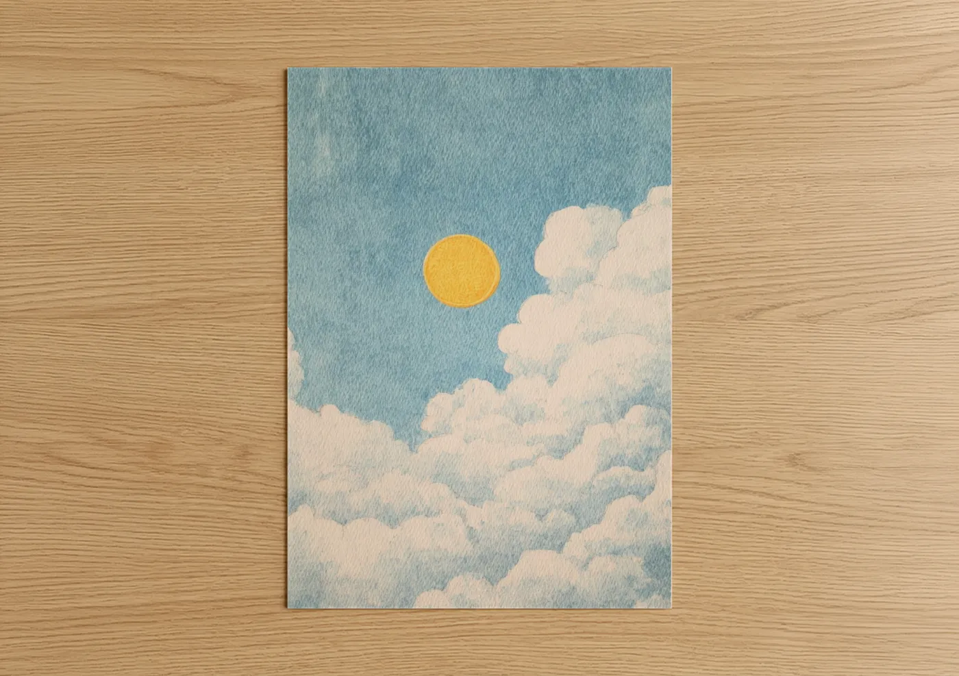 Golden Sun Above White Clouds Watercolor Wall Art