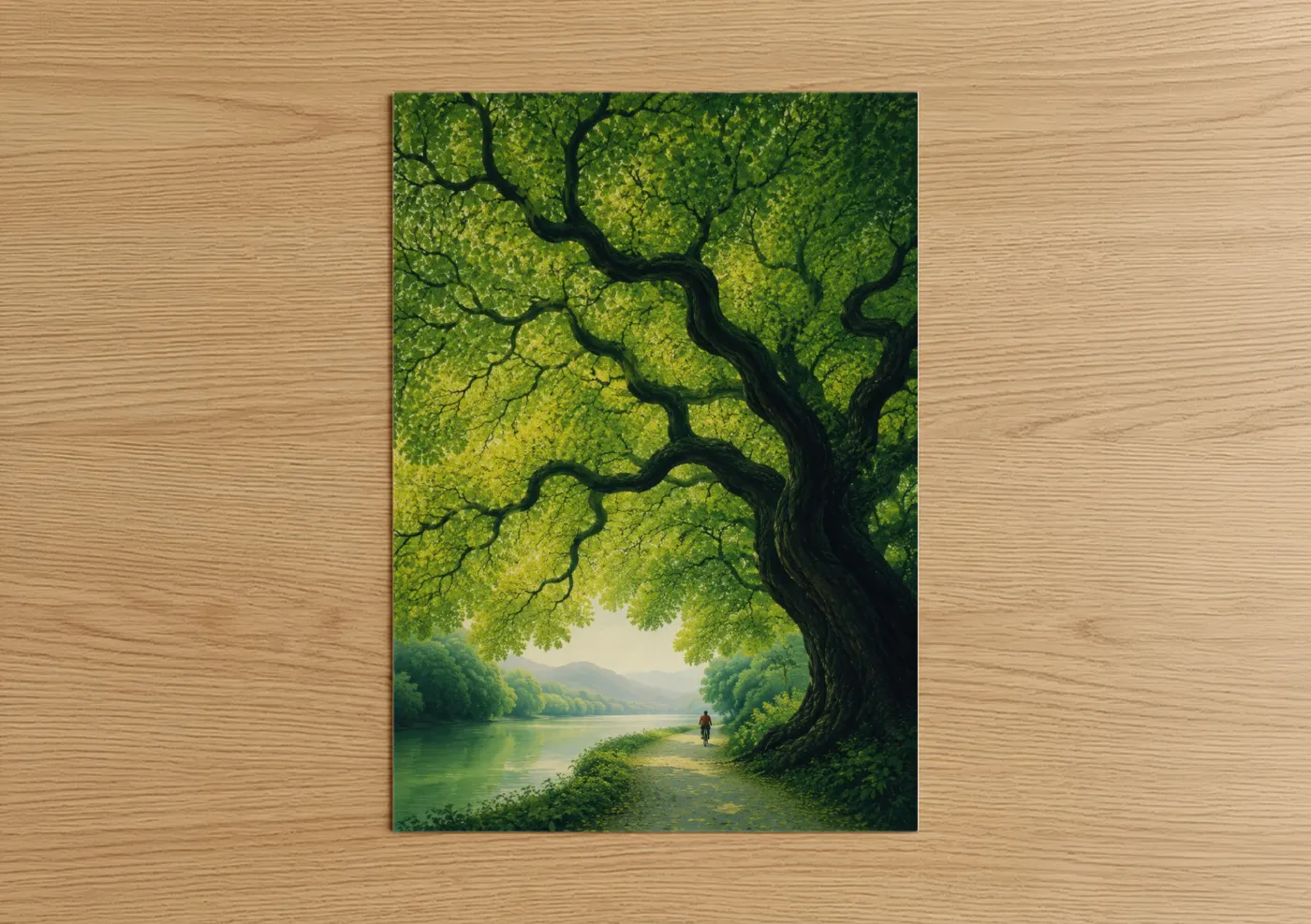 Art print on warm oak wood — true green and light green palette — Majestic Tree by River Wall Art poster