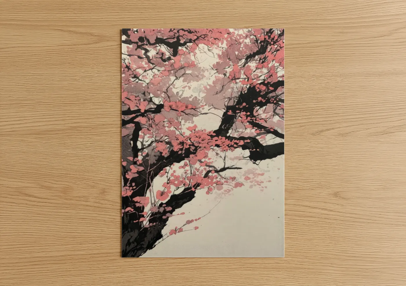 Cherry blossoms art print on warm oak wood — salmon pink and cream palette — Sakura Dream poster