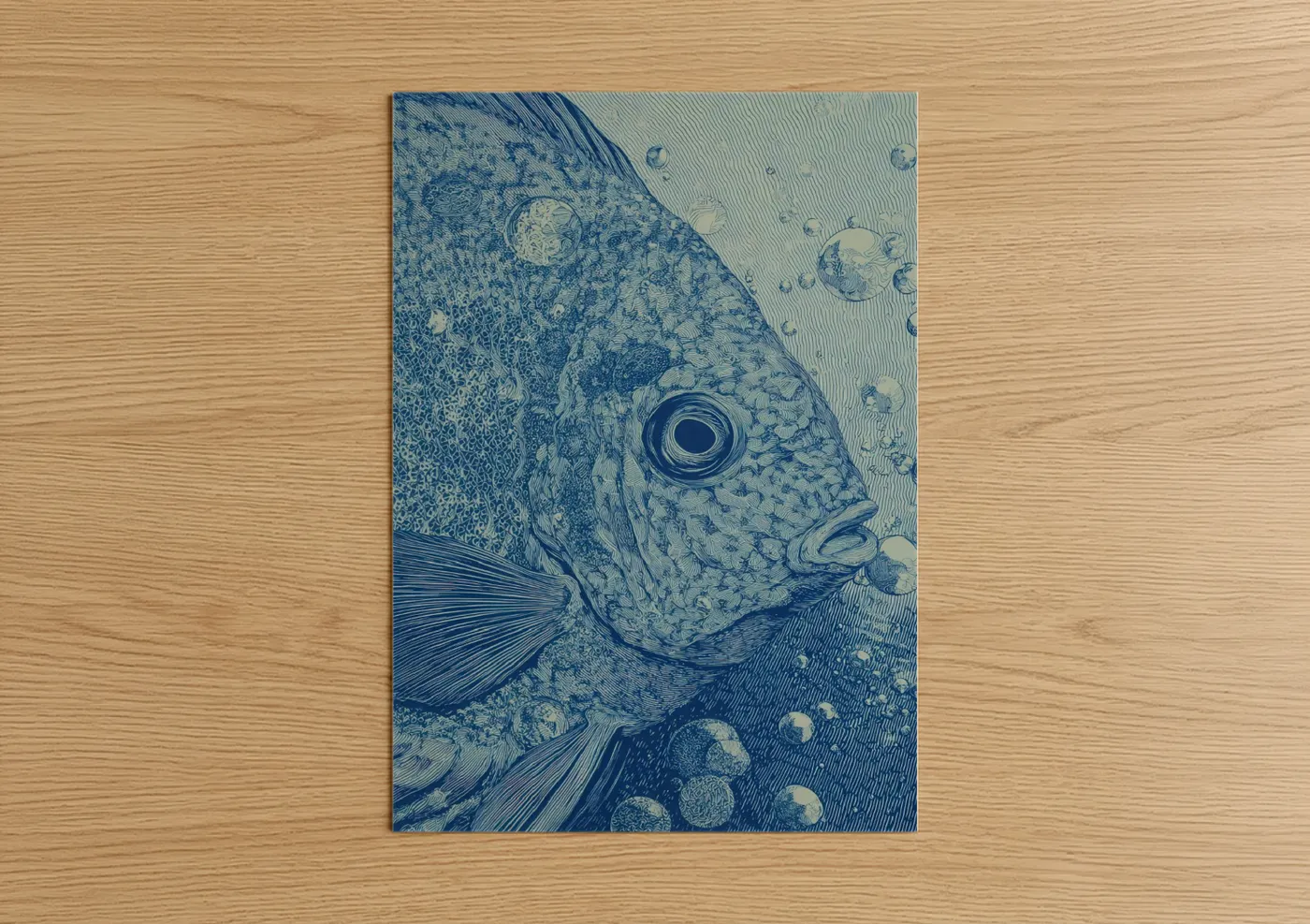 Ornate Discus Fish Blue Woodblock Wall Art