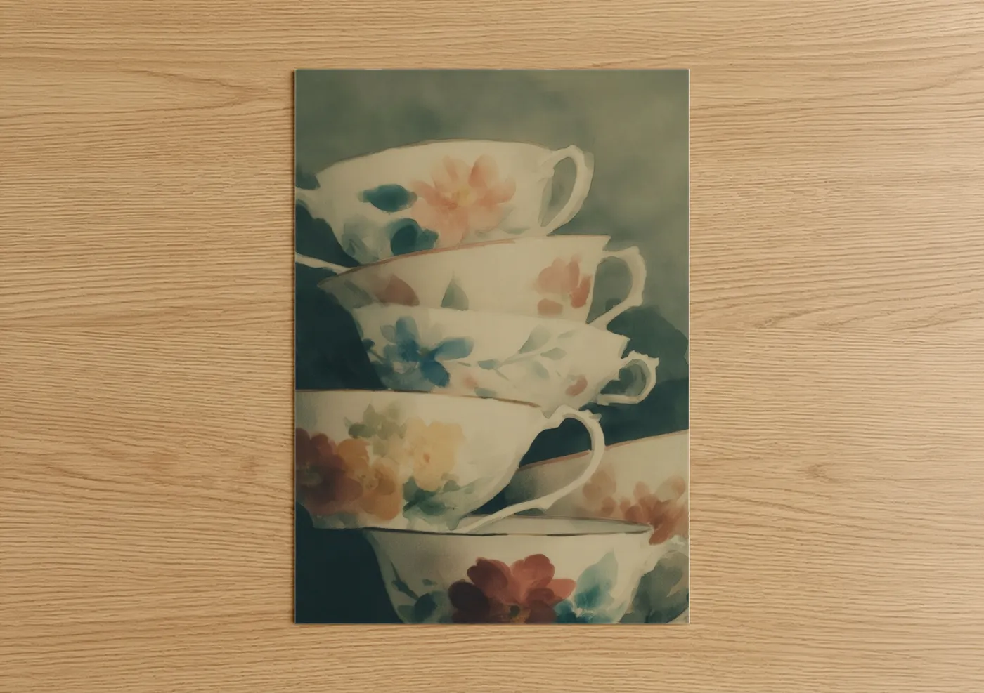 Kitchen utensils art print on warm oak wood — cream and sage green palette — Stacked Teacups poster