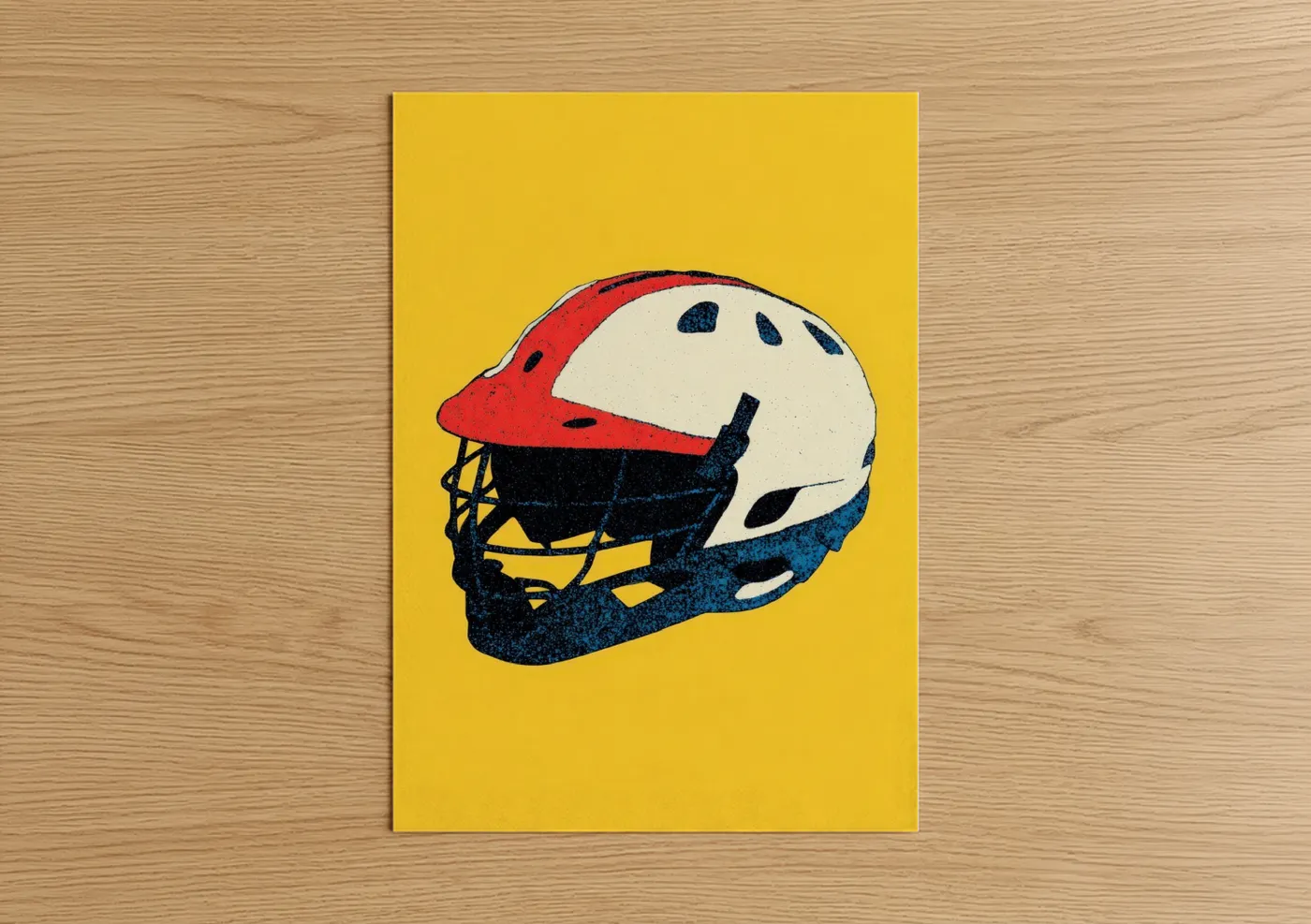 Art print on warm oak wood — yellow and red palette — Retro Lacrosse Helmet poster