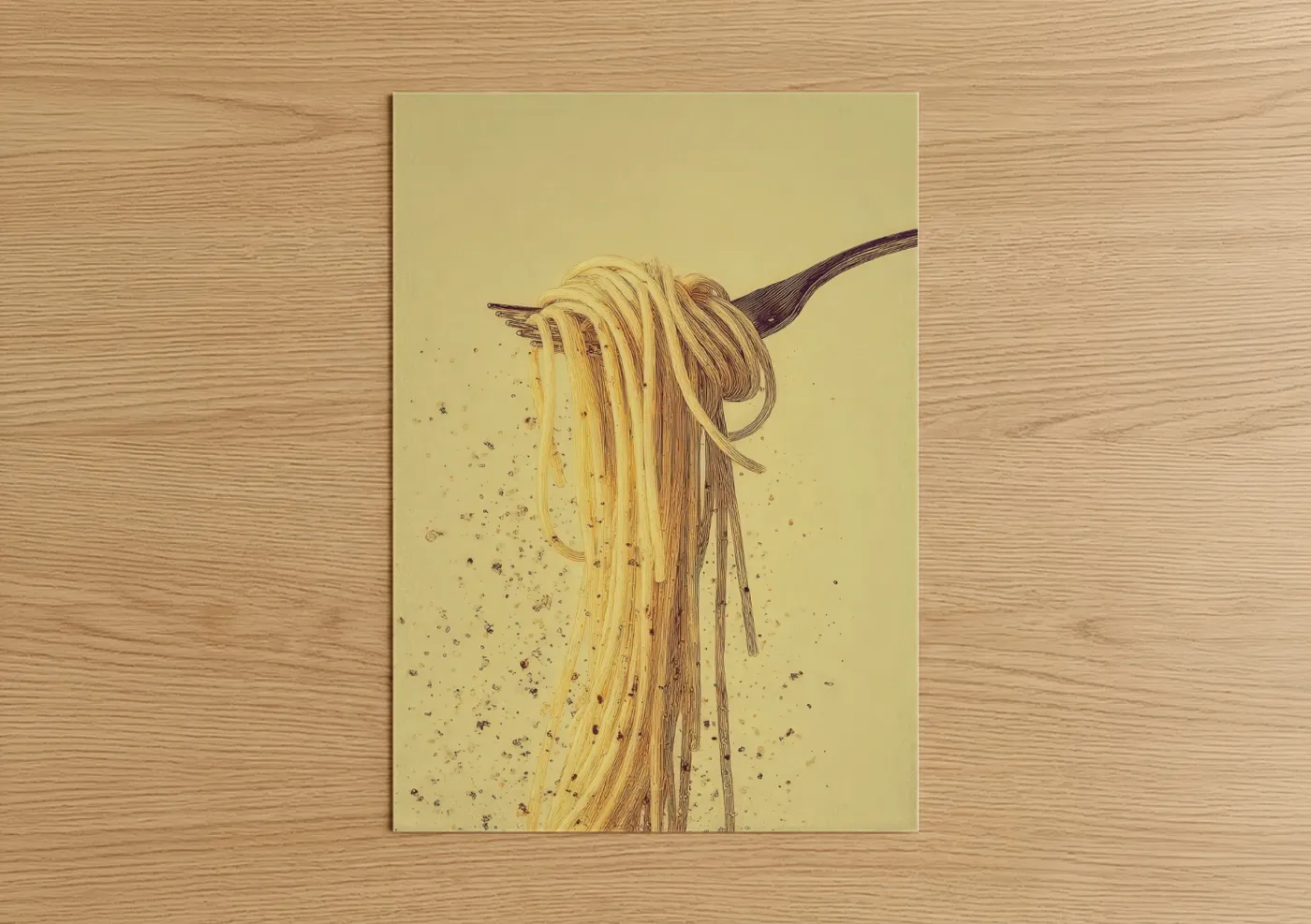 Art print on warm oak wood — yellow gold and brown palette — Twirled Pasta Fork poster