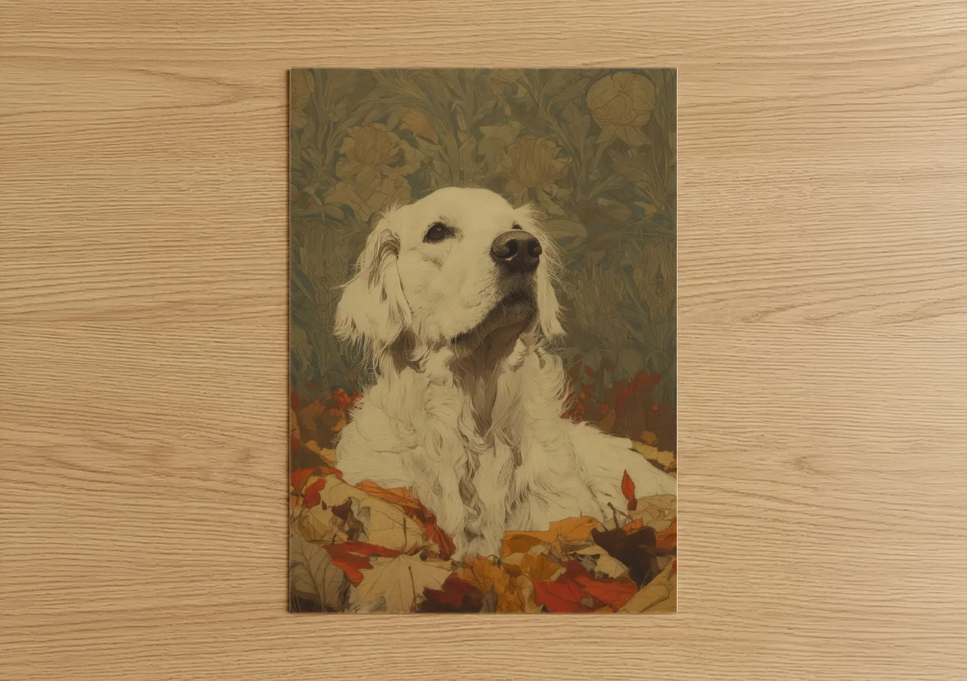 White Retriever Autumn Leaves Portrait Wall Art