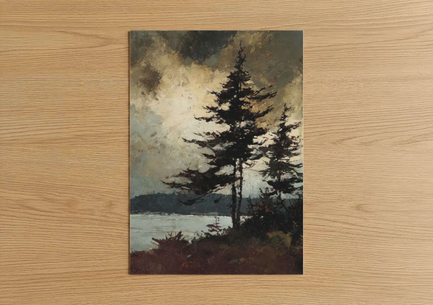 Cedar tree art print on warm oak wood — gold and black and gold palette — Windswept Cedars poster