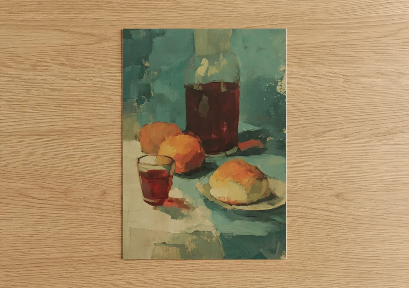 Art print on warm oak wood — teal and orange palette — Warm Breakfast Spread poster