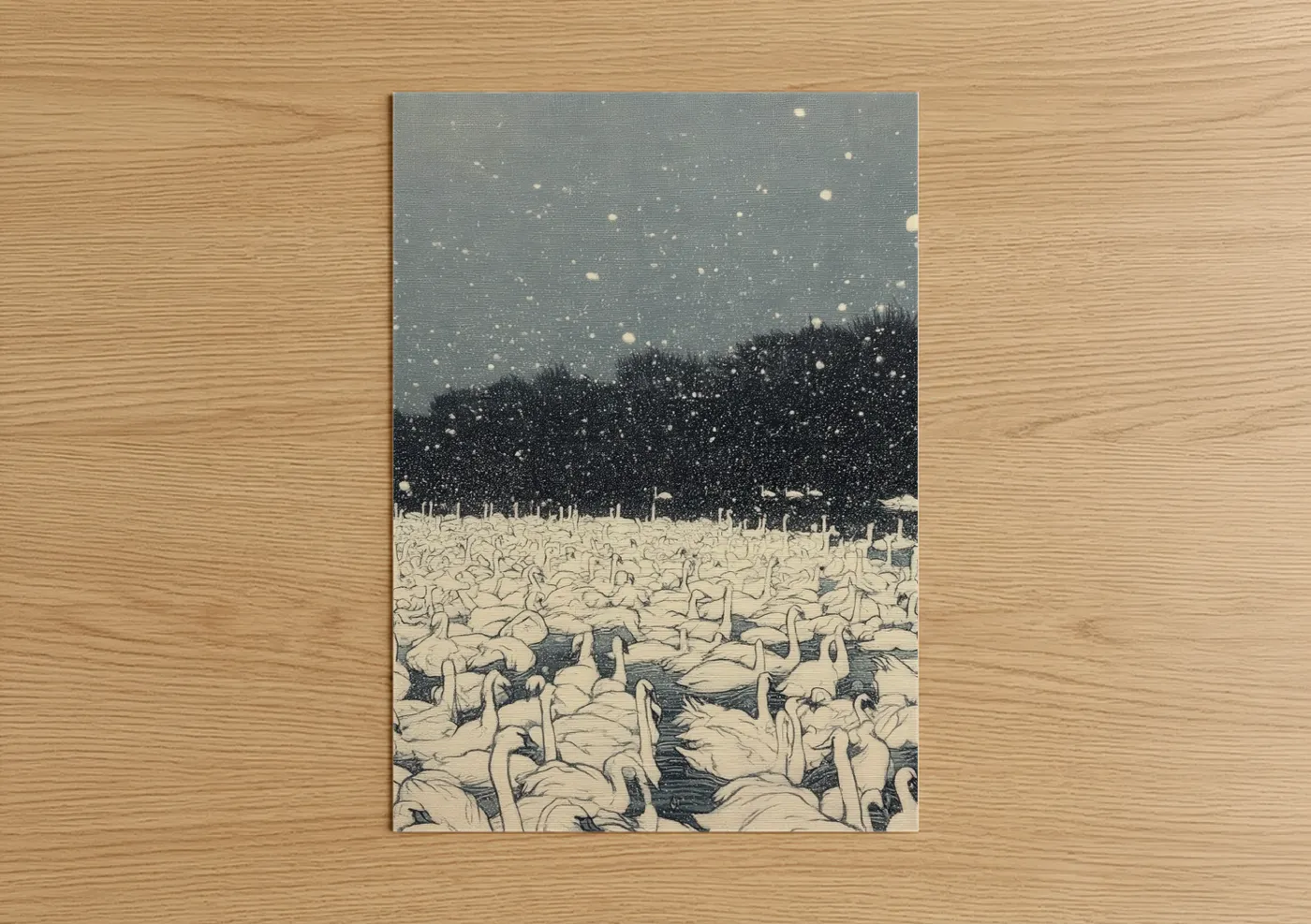 Art print on warm oak wood — gray and black and white palette — Snowy Swan Flock poster