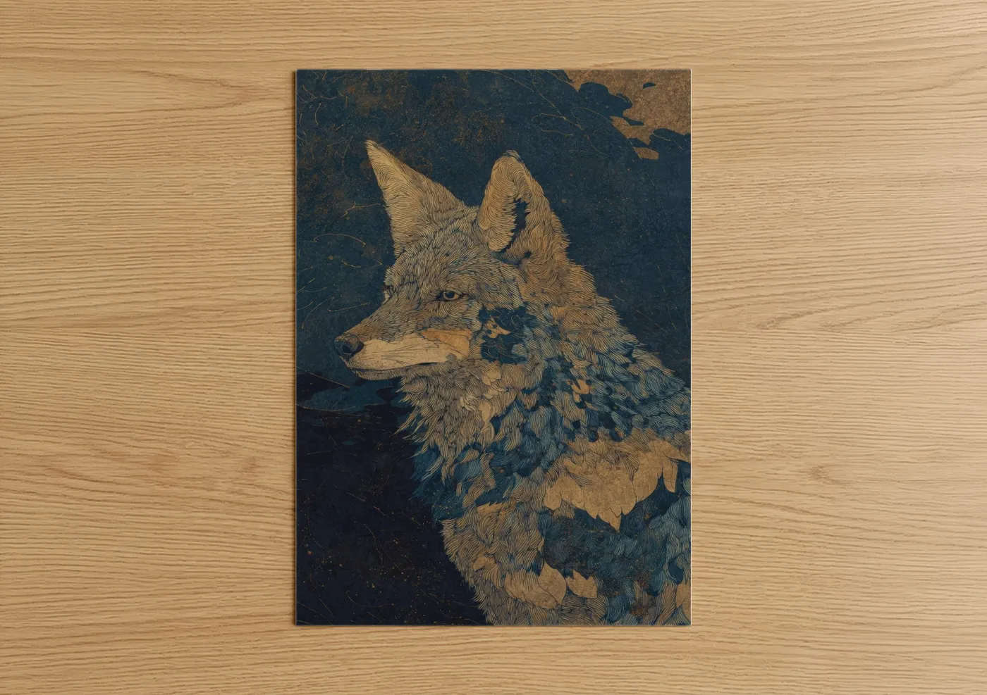 Art print on warm oak wood — gold and dark blue palette — Midnight Coyote poster