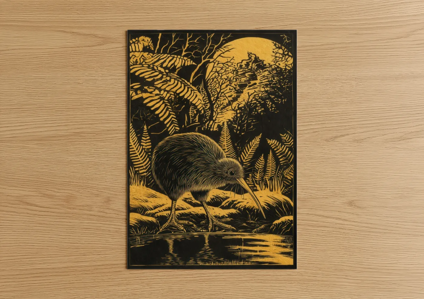 Nocturnal Kiwi Forest Woodblock Print Wall Art