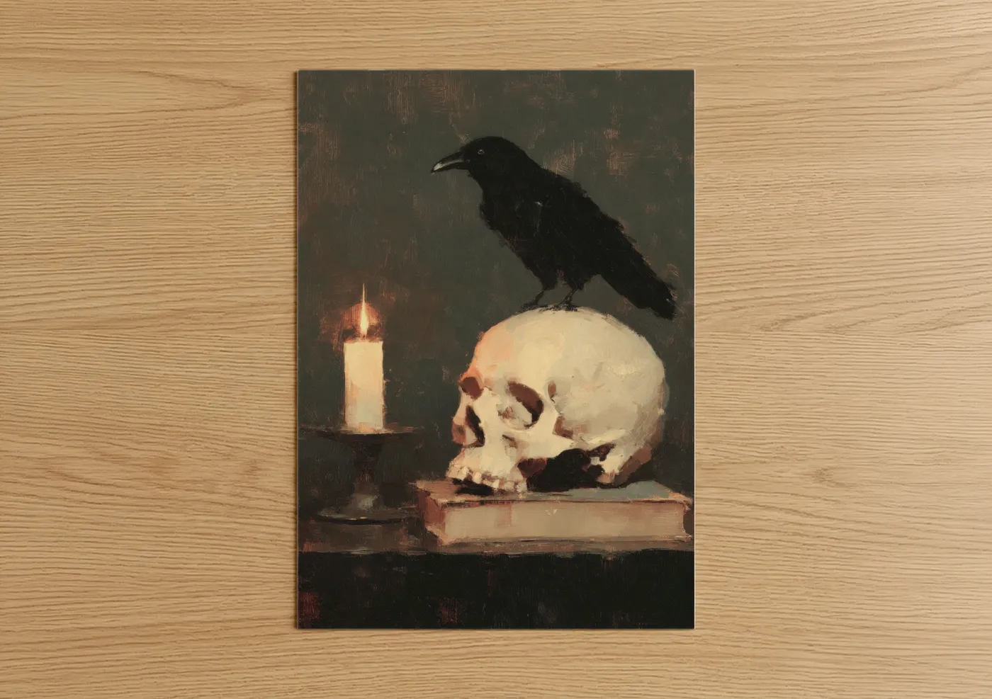 Halloween art print on warm oak wood — dark green and cream palette — Raven's Vigil poster