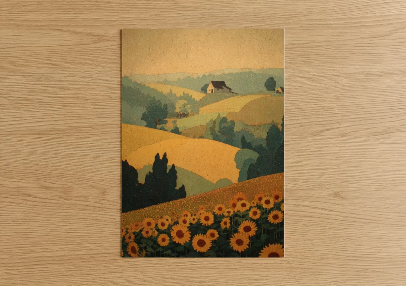 Art print on warm oak wood — yellow gold and olive palette — Golden Sunflower Field poster