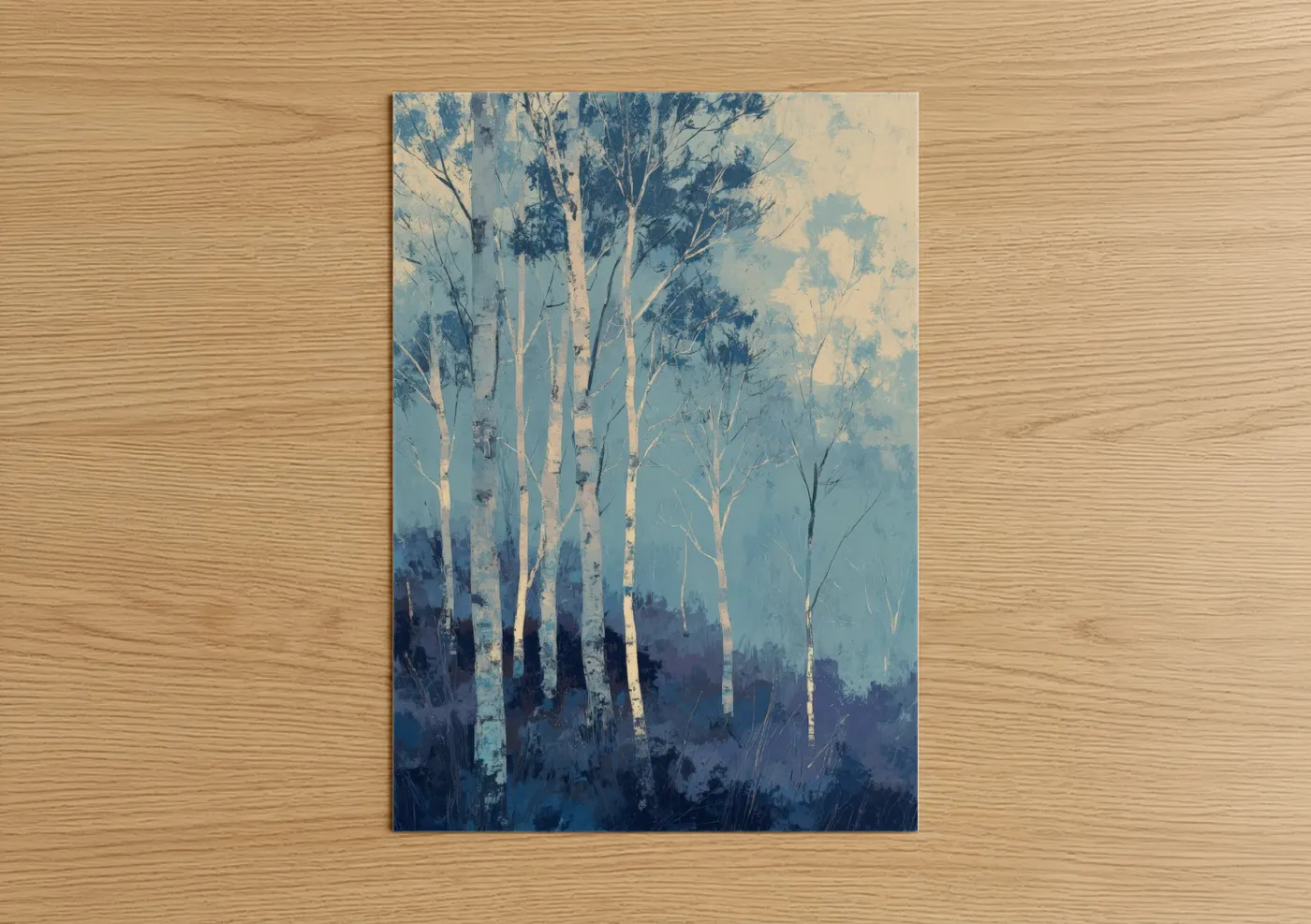 Art print on warm oak wood — blue and cream palette — Misty Birch Forest poster