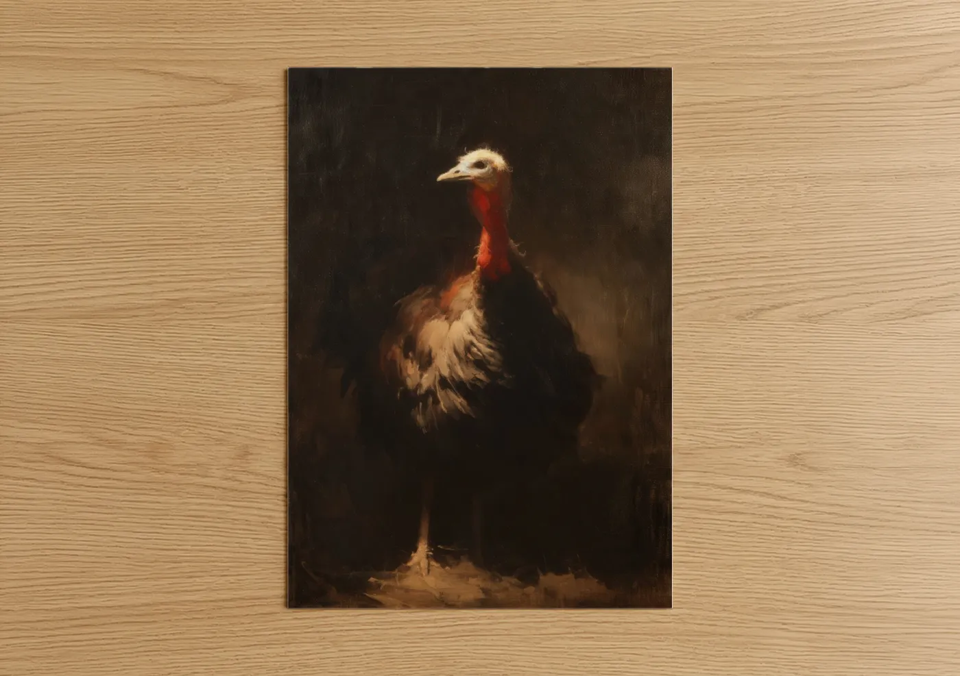 Art print on warm oak wood — espresso and russet palette — Crimson Turkey Portrait poster