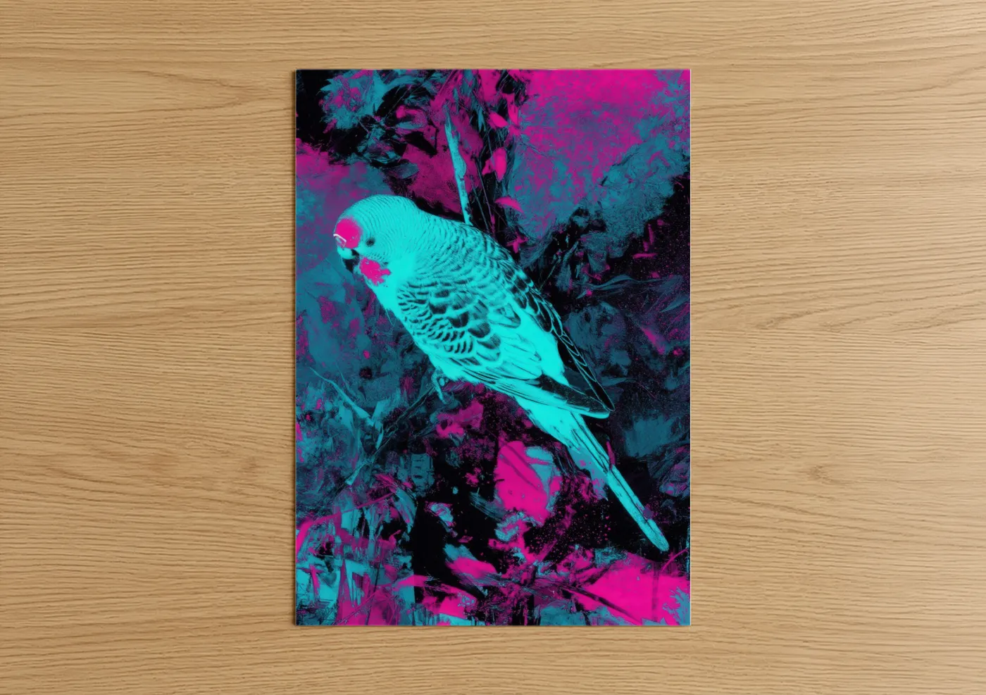 Safari parrots art print on warm oak wood — magenta and aquamarine palette — Neon Parakeet poster
