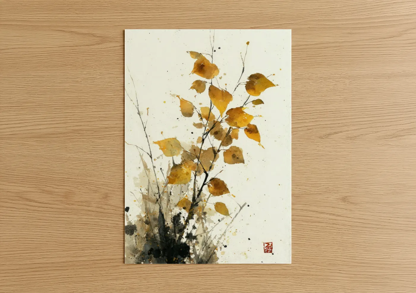 Autumn Birch Tree Golden Leaves Watercolor Wall Art