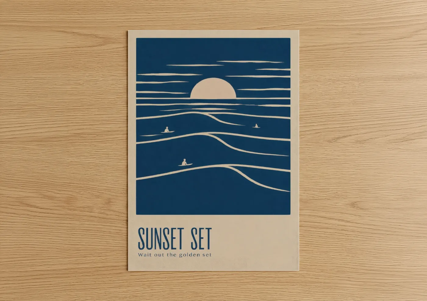 Surfing art print on warm oak wood — blue and beige palette — Ocean Sunset Surfers Minimalist Wall Art poster