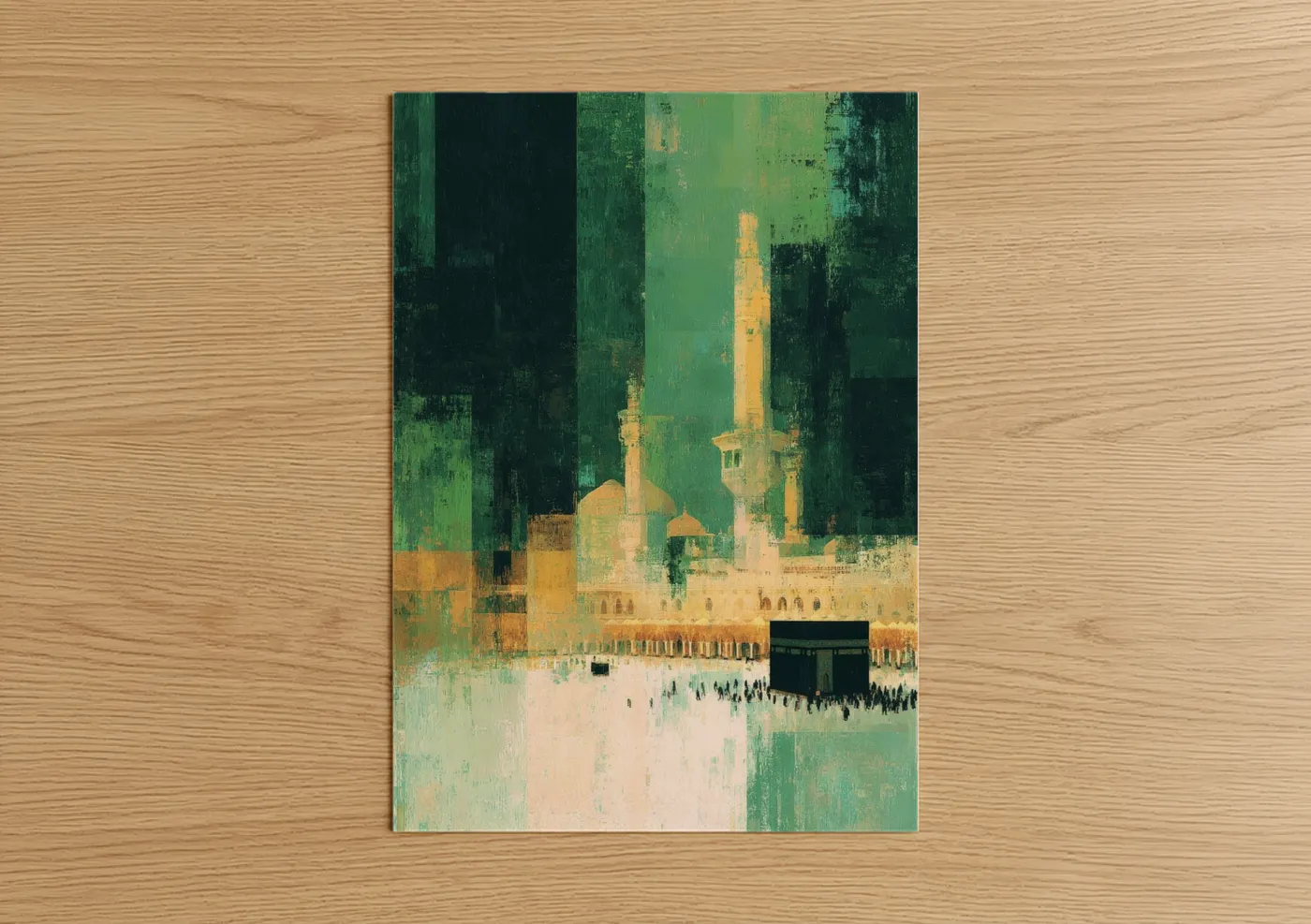 Masjid al haram art print on warm oak wood — true green and gold palette — Sacred Sanctuary poster