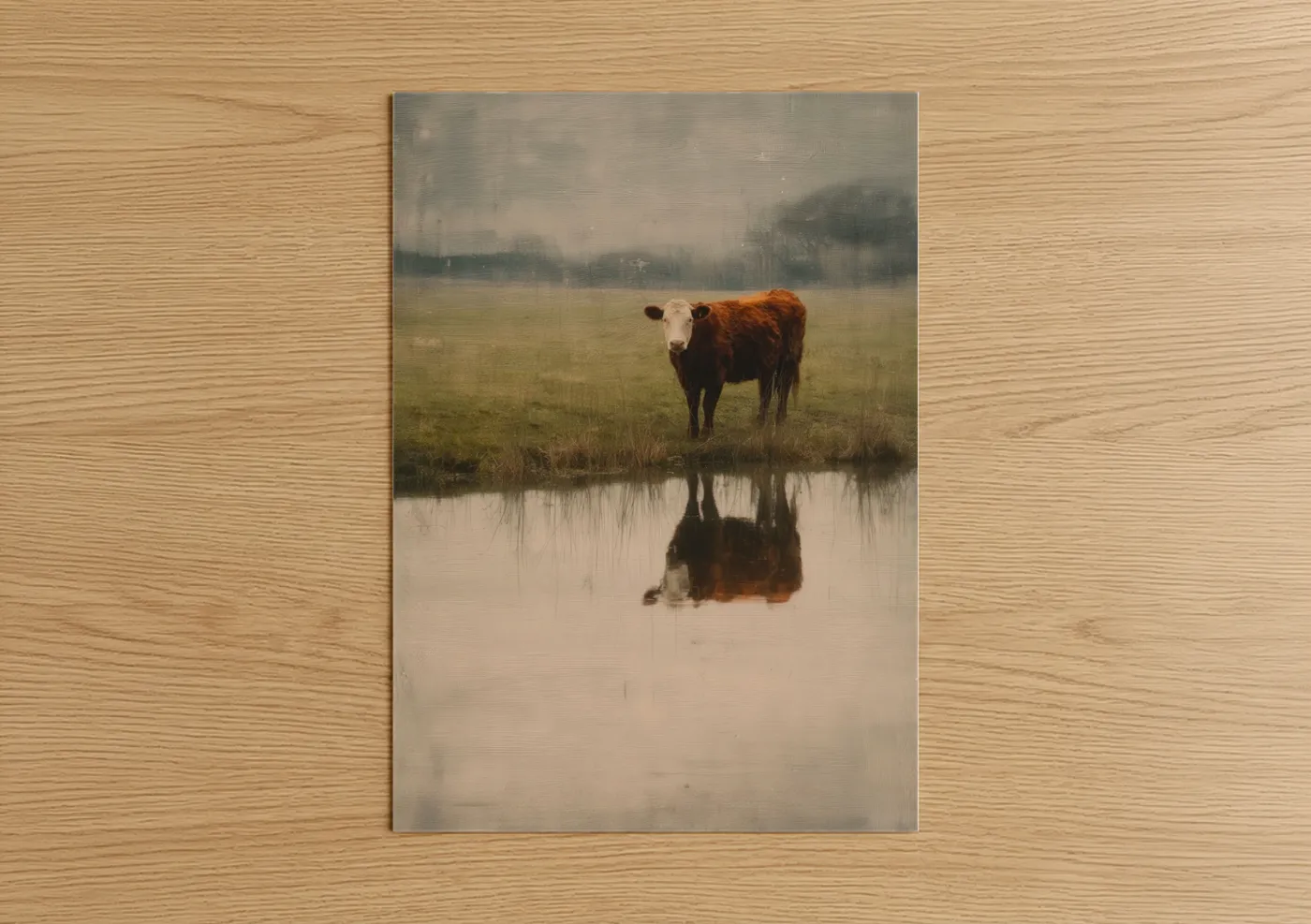 Hereford Cow Misty Reflection Landscape Wall Art