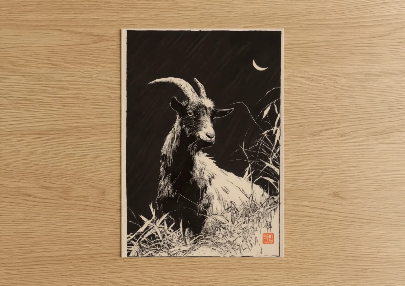 Art print on warm oak wood — black and white palette — Moonlit Goat poster