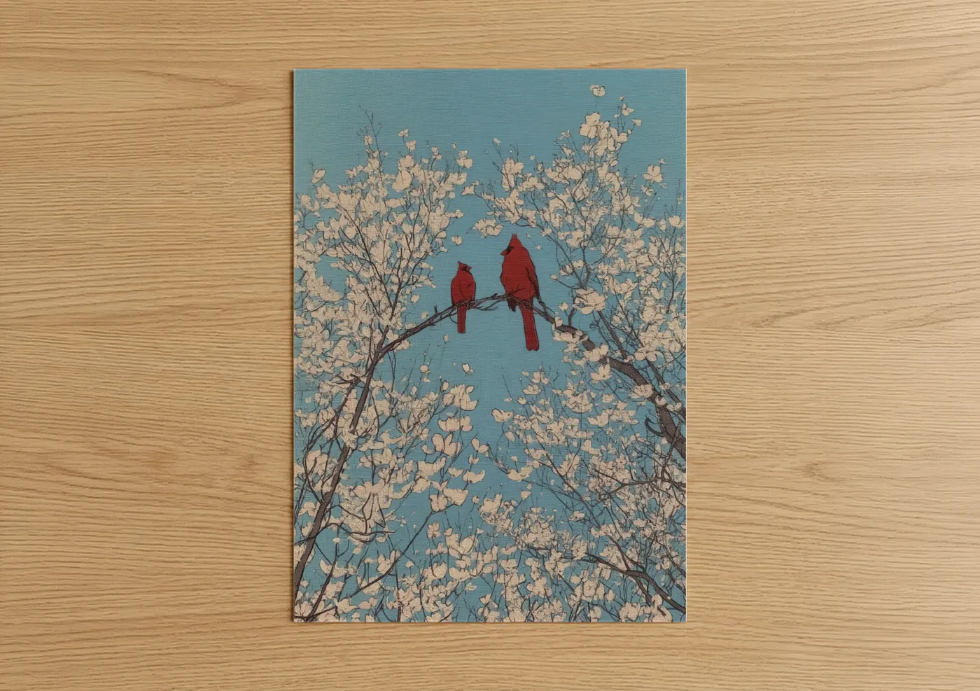 Red Cardinal Pair Spring Blossoms Wall Art