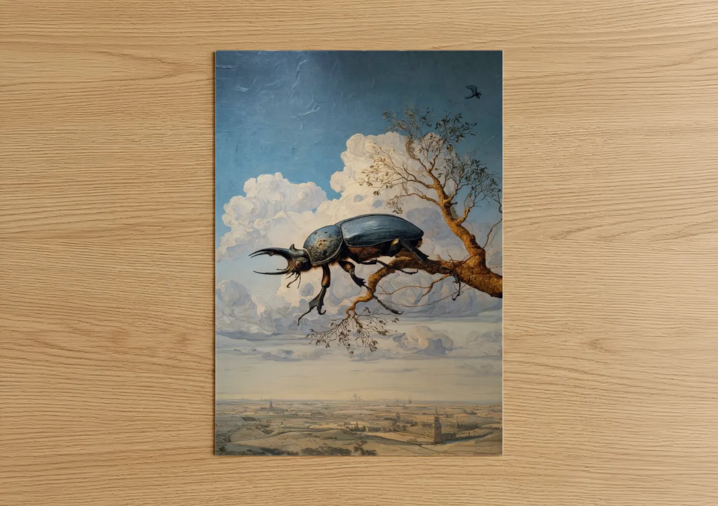 Art print on warm oak wood — blue and cream palette — Surreal Beetle poster