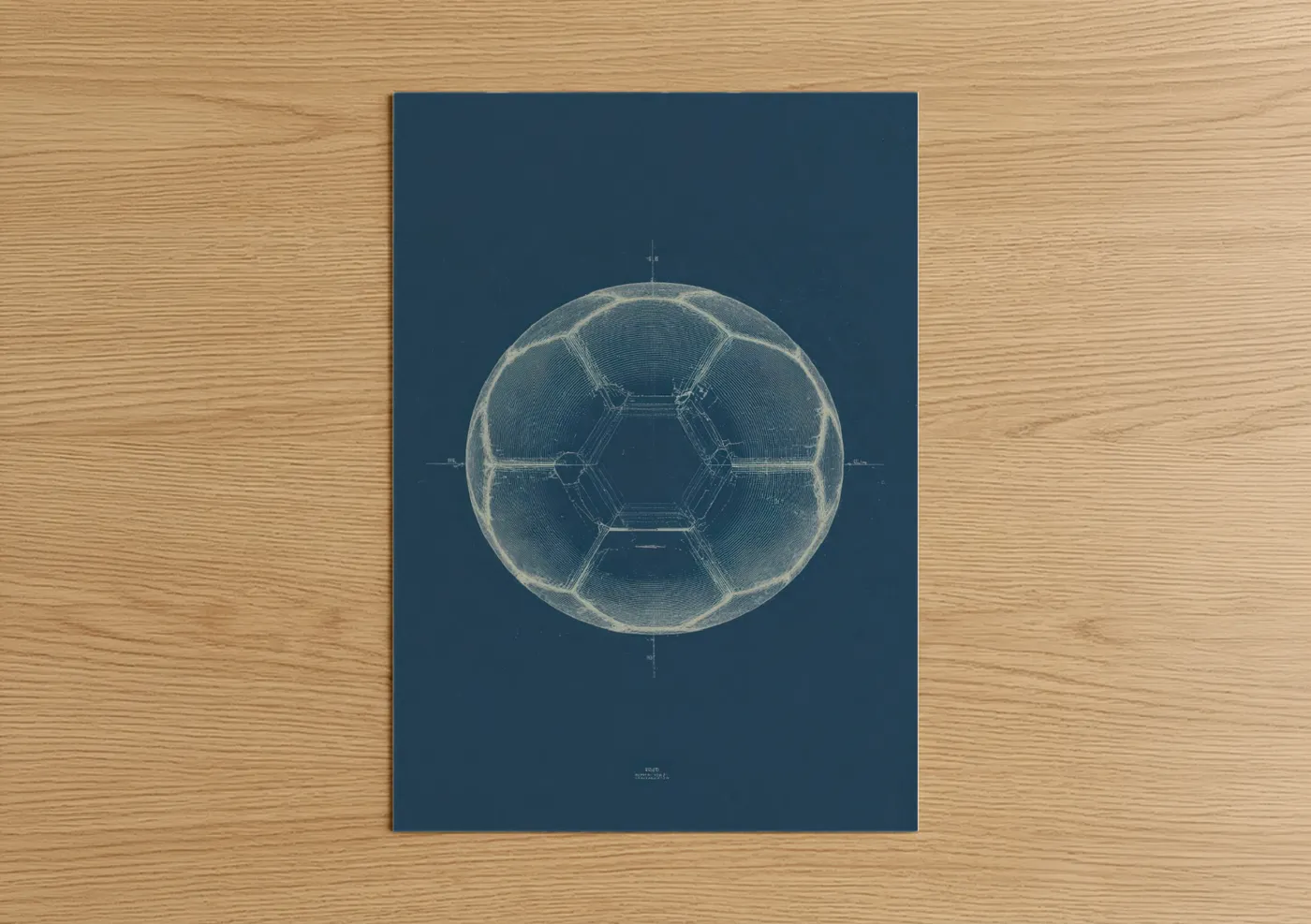 Art print on warm oak wood — dark blue and blue and white palette — Soccer Blueprint poster