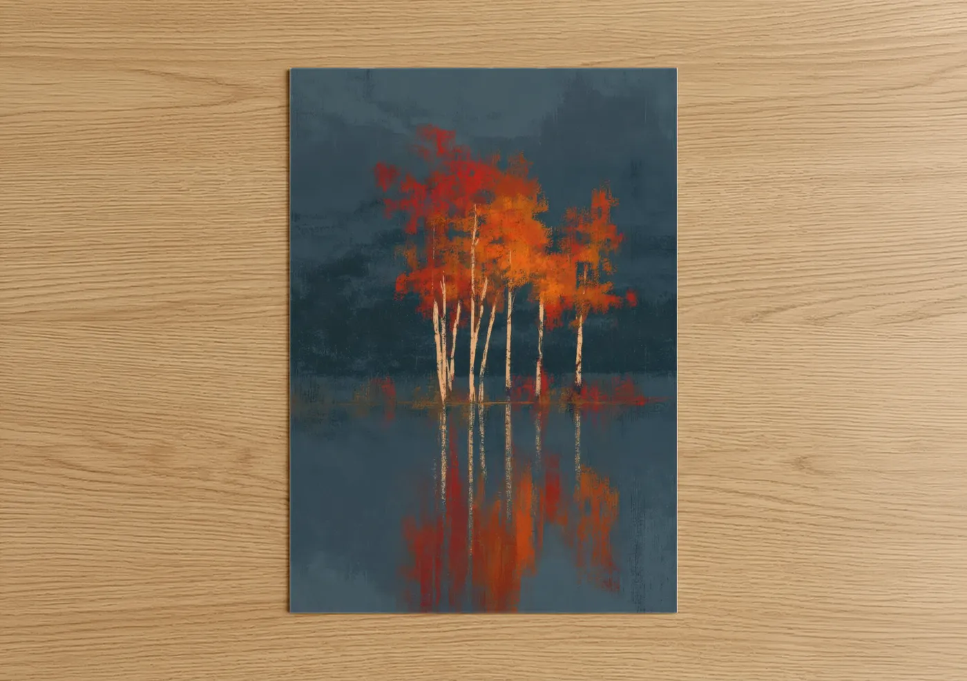 Birch tree art print on warm oak wood — blue and gold and red palette — Autumn Birch Reflection poster