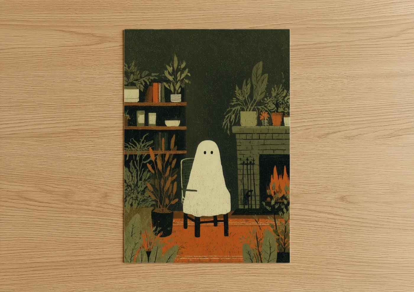 Cozy Ghost Fireplace Home Illustration Wall Art