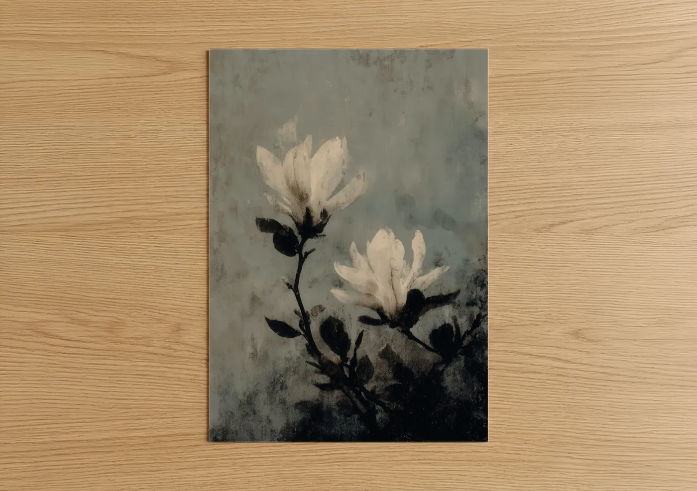 Art print on warm oak wood — black and white and gray palette — Ethereal Magnolia poster