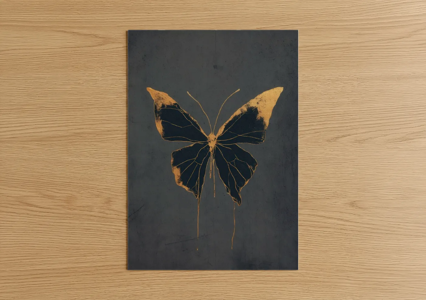 Art print on warm oak wood — gold and black palette — Golden Butterfly poster
