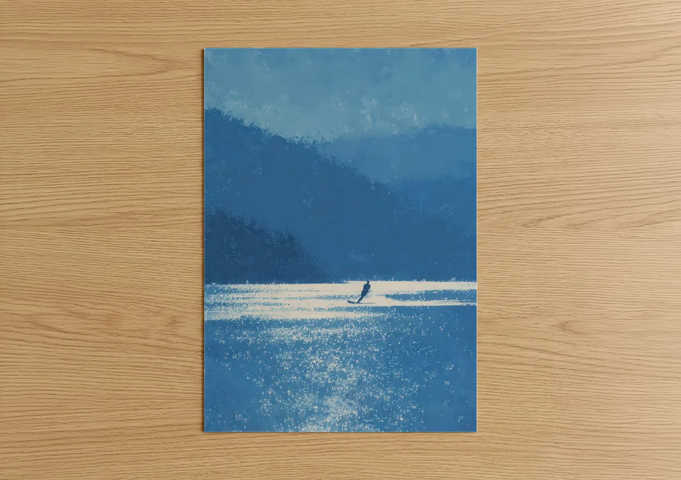 Water skiing art print on warm oak wood — blue and white palette — Solitary Skier poster