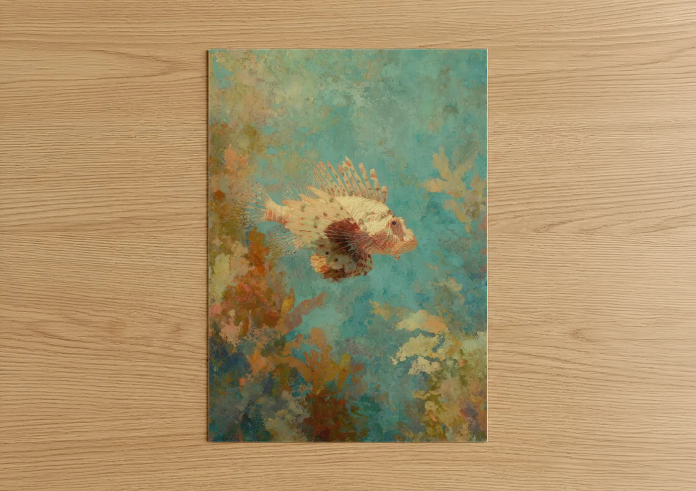 Art print on warm oak wood — teal and gold palette — Crimson Lionfish poster
