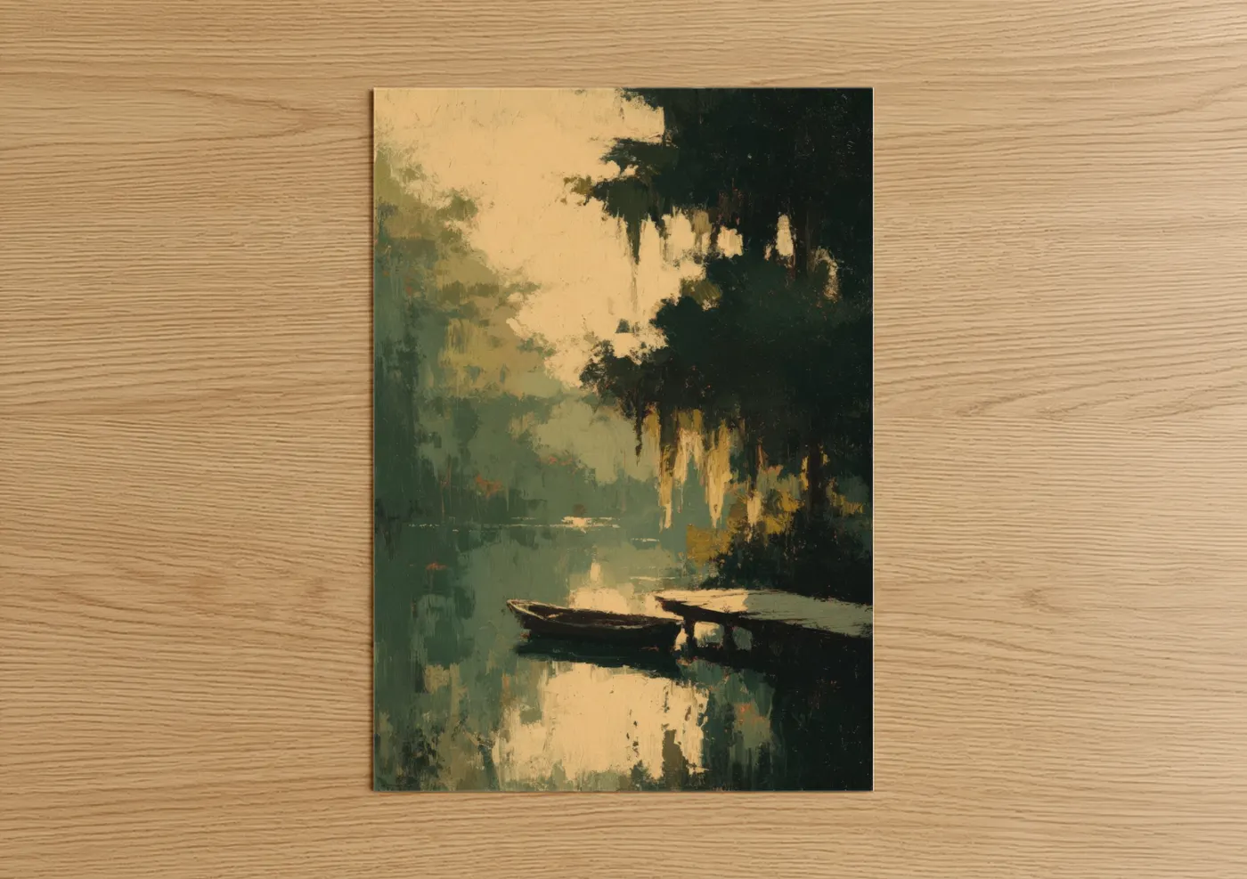 Docks and piers art print on warm oak wood — sage green and gold palette — Misty Dock Reflection poster