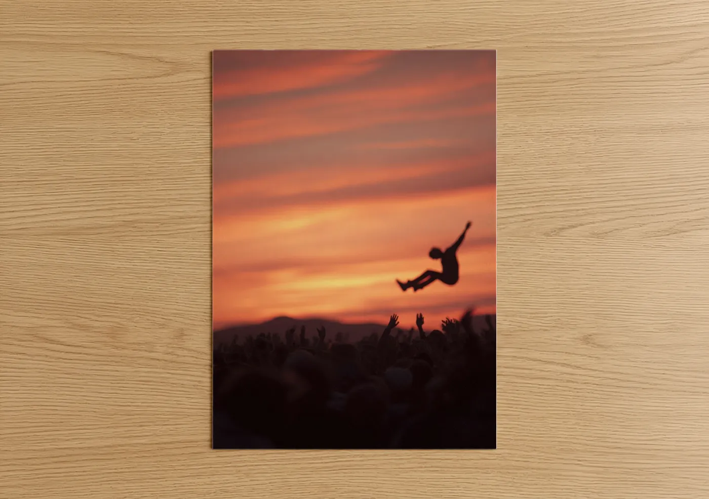Rock'n roll art print on warm oak wood — orange and gold palette — Sunset Crowd Surf poster