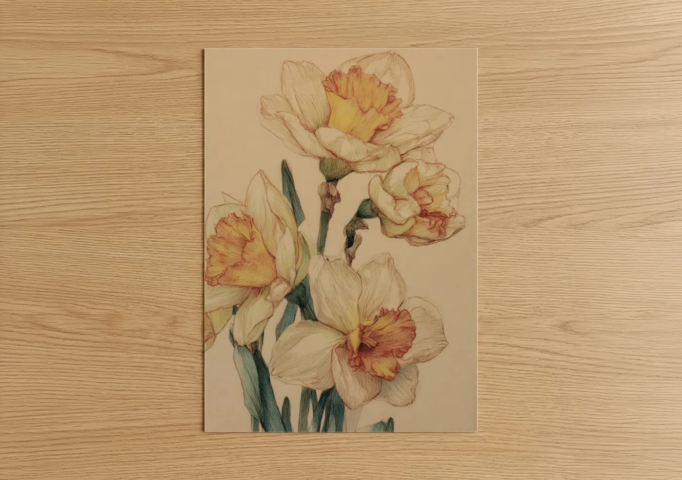 Daffodils art print on warm oak wood — gold and peach palette — Golden Daffodil Cluster poster