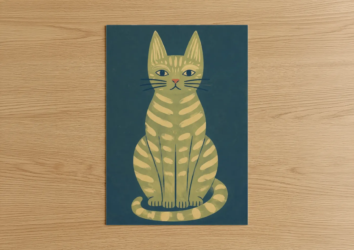 Art print on warm oak wood — sage green and teal palette — Striped Tabby Cat Wall Art poster