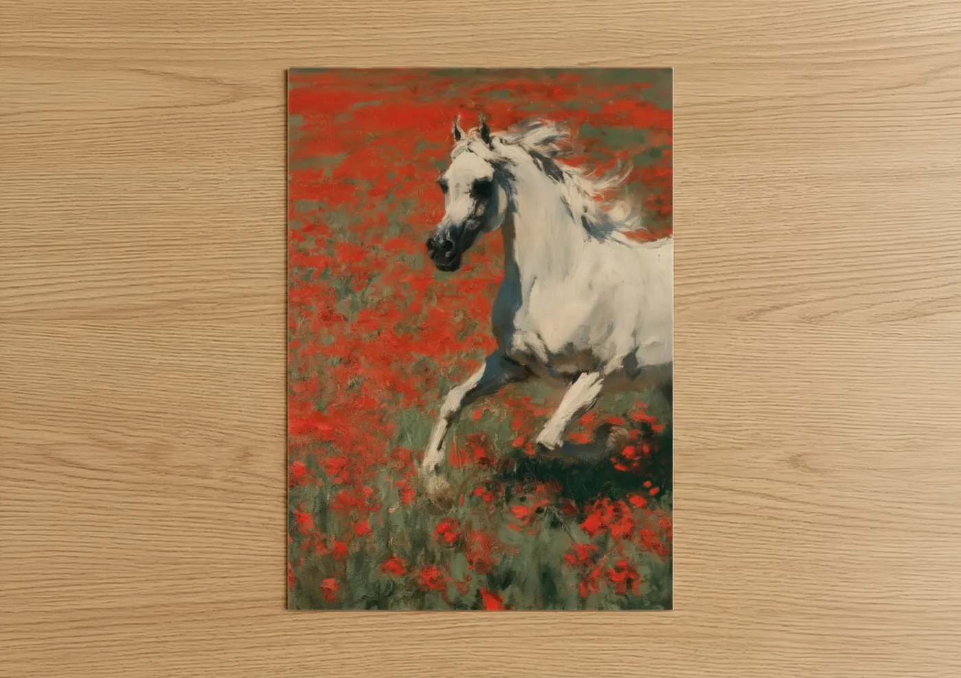 White Arabian Horse Red Poppy Field Wall Art