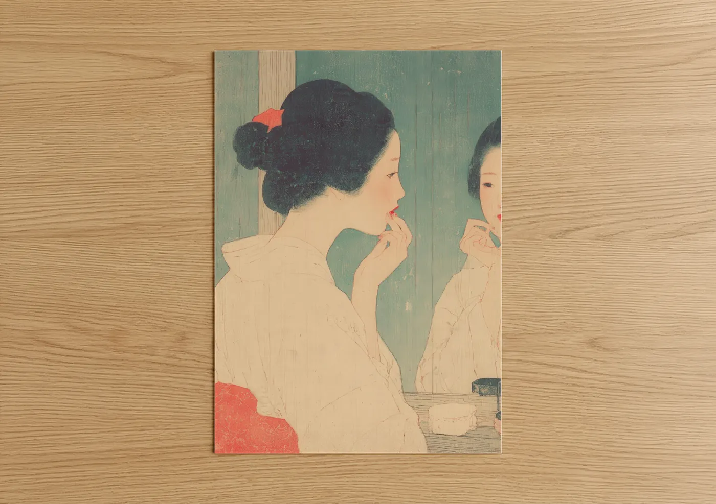 Make up art print on warm oak wood — sage green and cream palette — Mirror Reflection Beauty poster