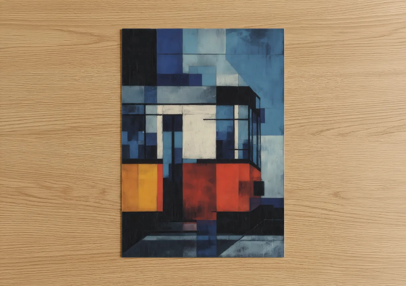 Bus art print on warm oak wood — blue and red palette — Urban Transit Abstract poster
