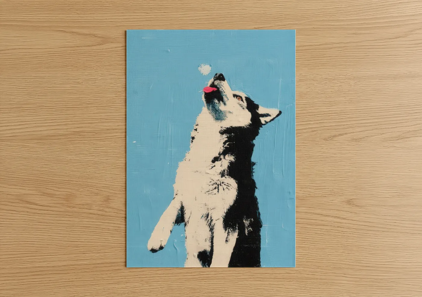 Playful Husky Dog Art Blue Background Wall Art