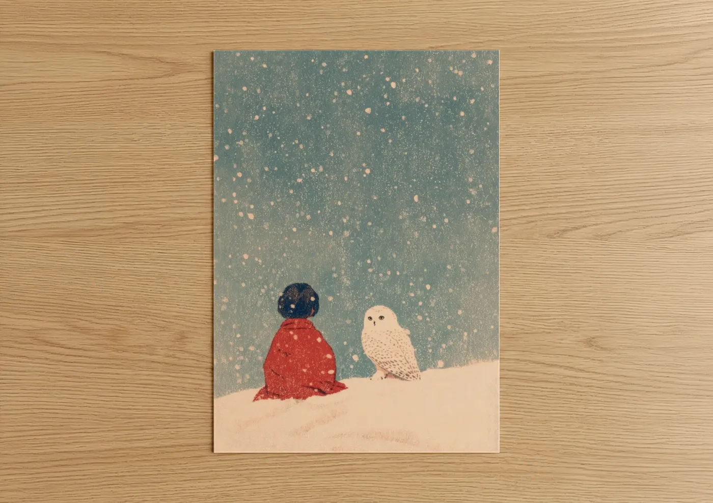 Kids animals art print on warm oak wood — sage green and cream palette — Snowy Friendship poster