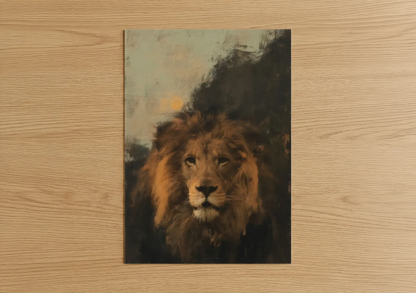 Art print on warm oak wood — gold and brown palette — Golden Lion poster