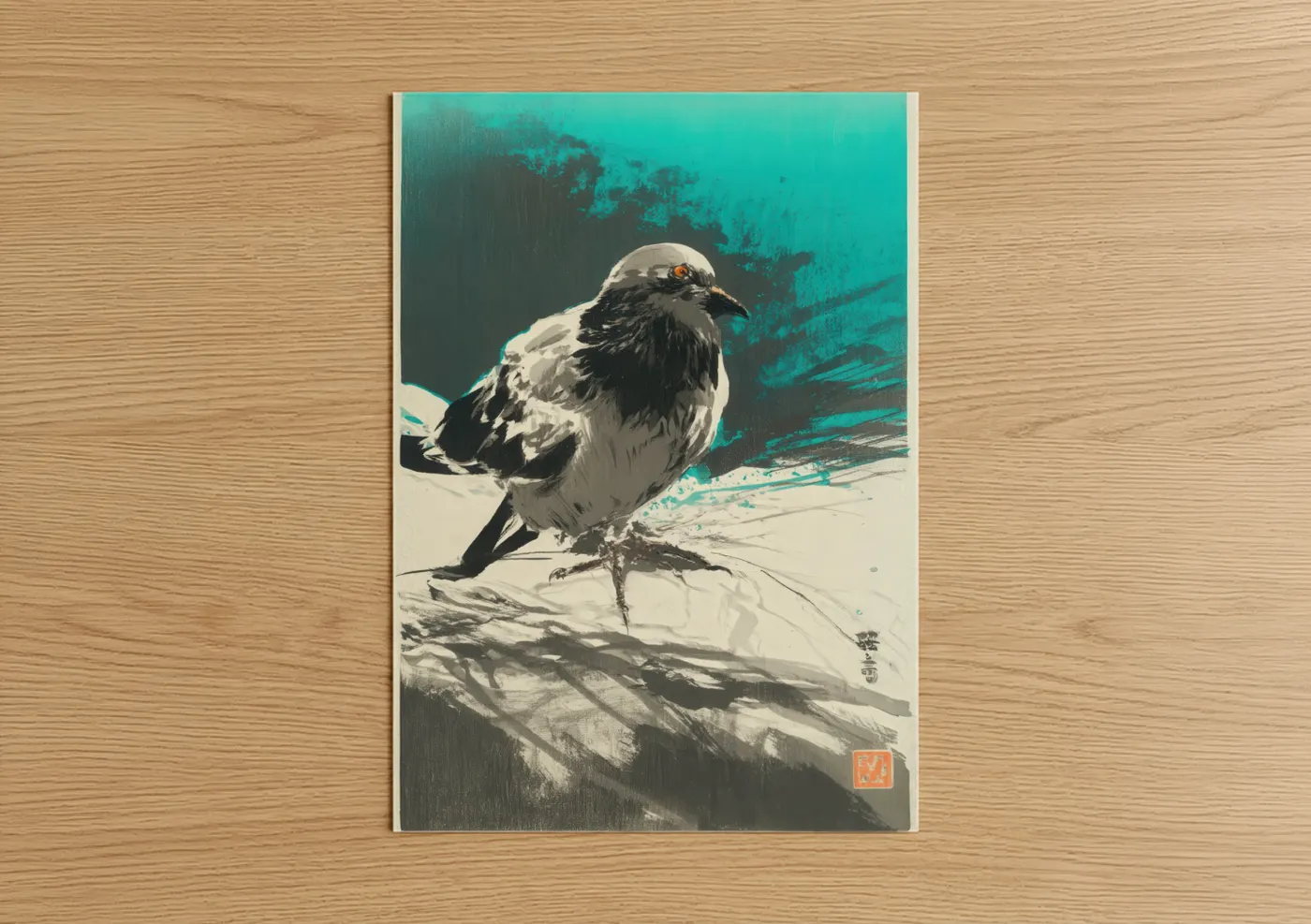 Art print on warm oak wood — turquoise and black and white palette — Turquoise Pigeon poster