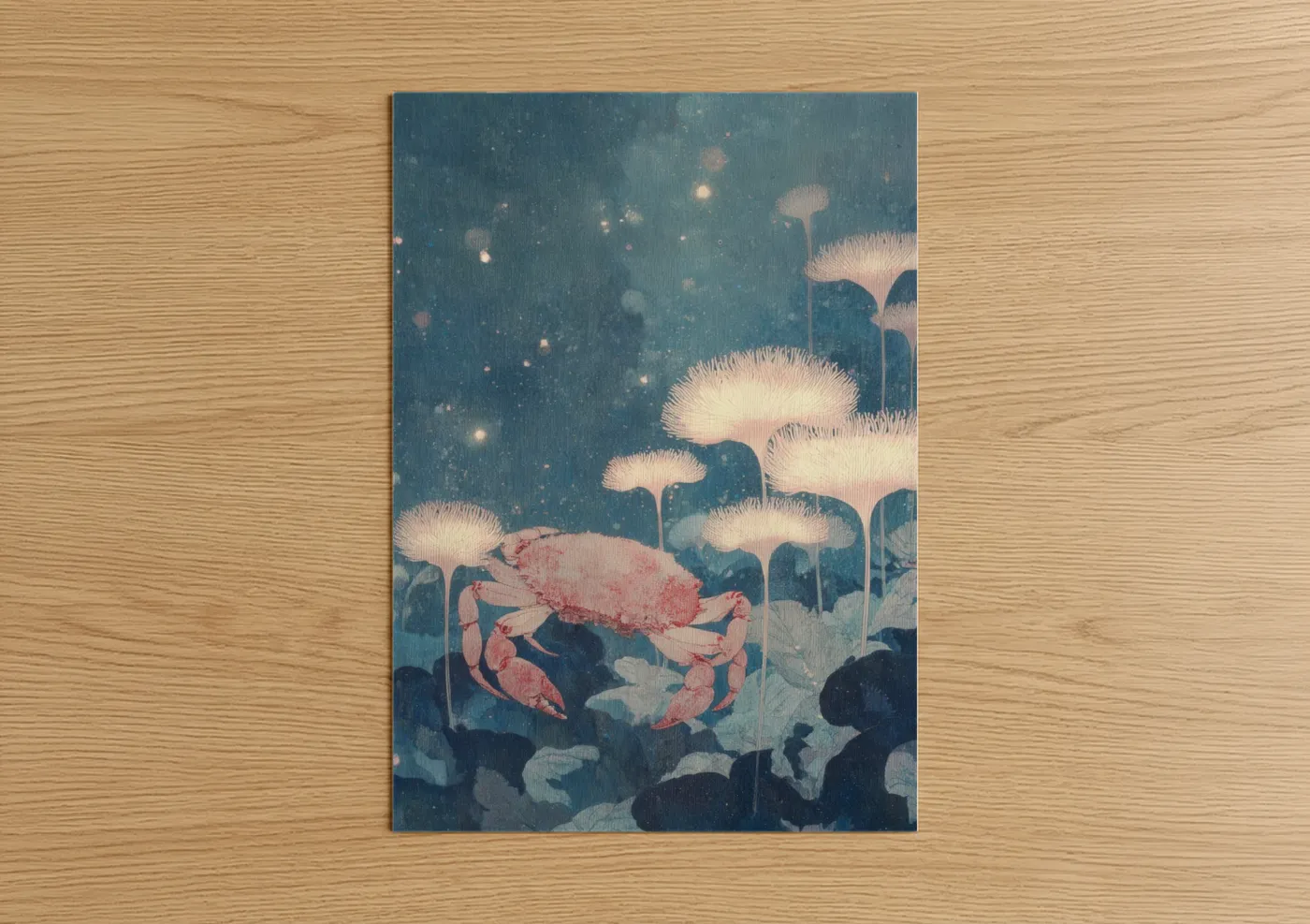 Art print on warm oak wood — blue and salmon pink palette — Celestial Cancer poster