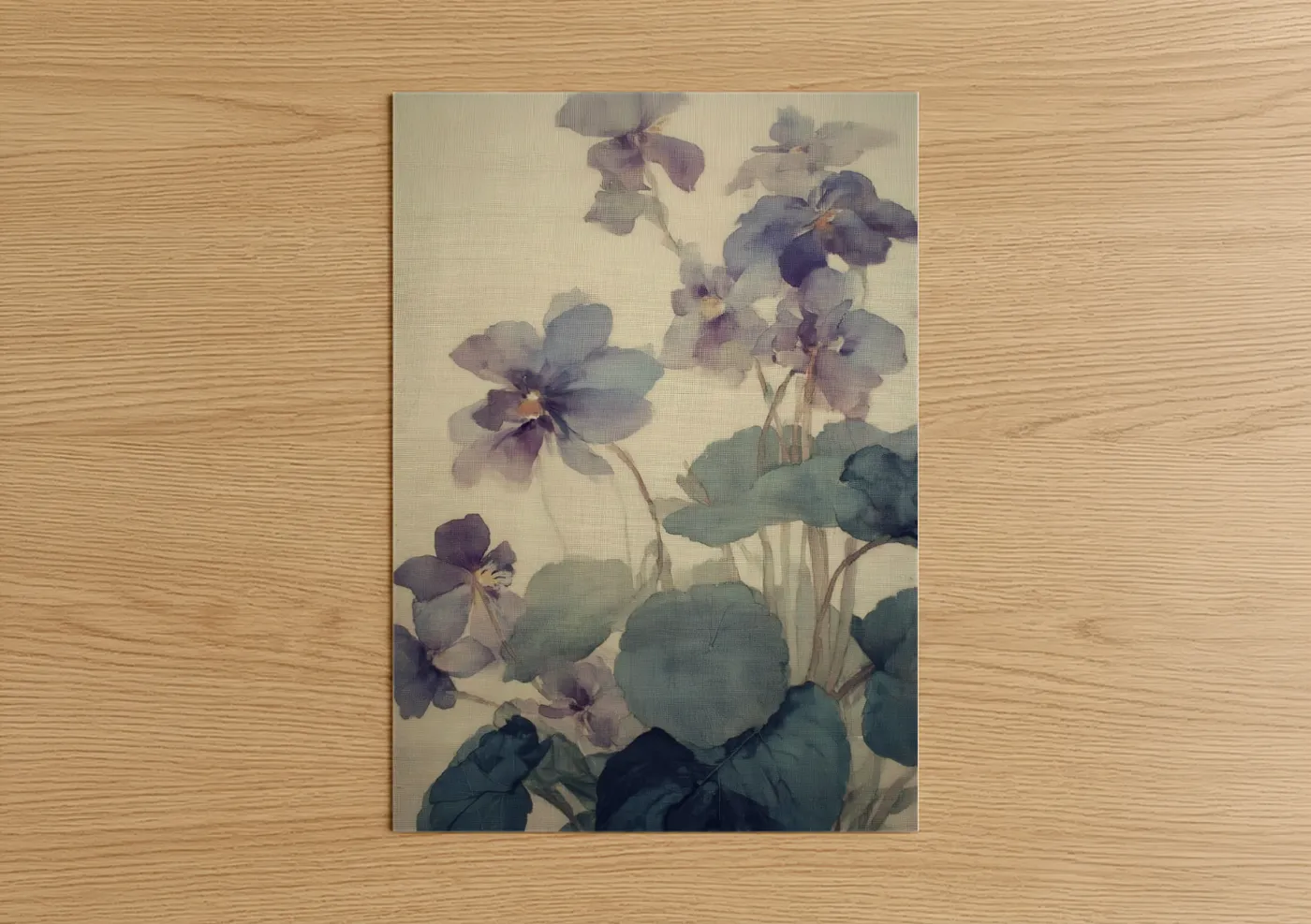 Art print on warm oak wood — lavender and sage green palette — Soft Violets Study poster
