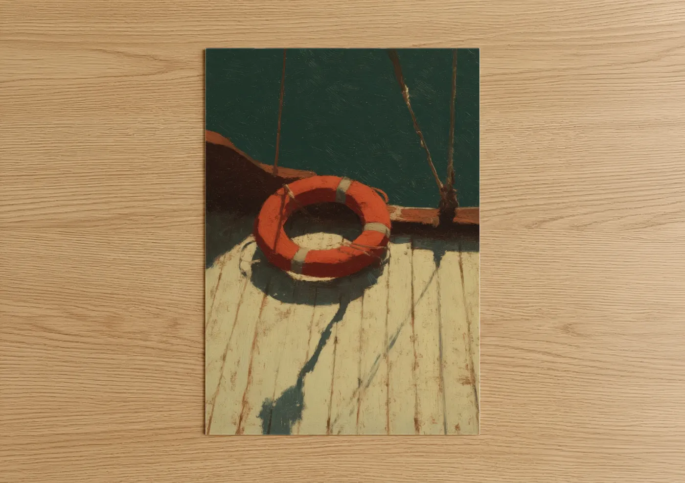 Art print on warm oak wood — dark green and orange palette — Dockside Life Ring poster