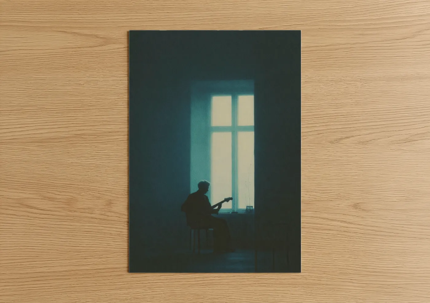 Art print on warm oak wood — teal and black palette — Solitary Blues Guitarist poster