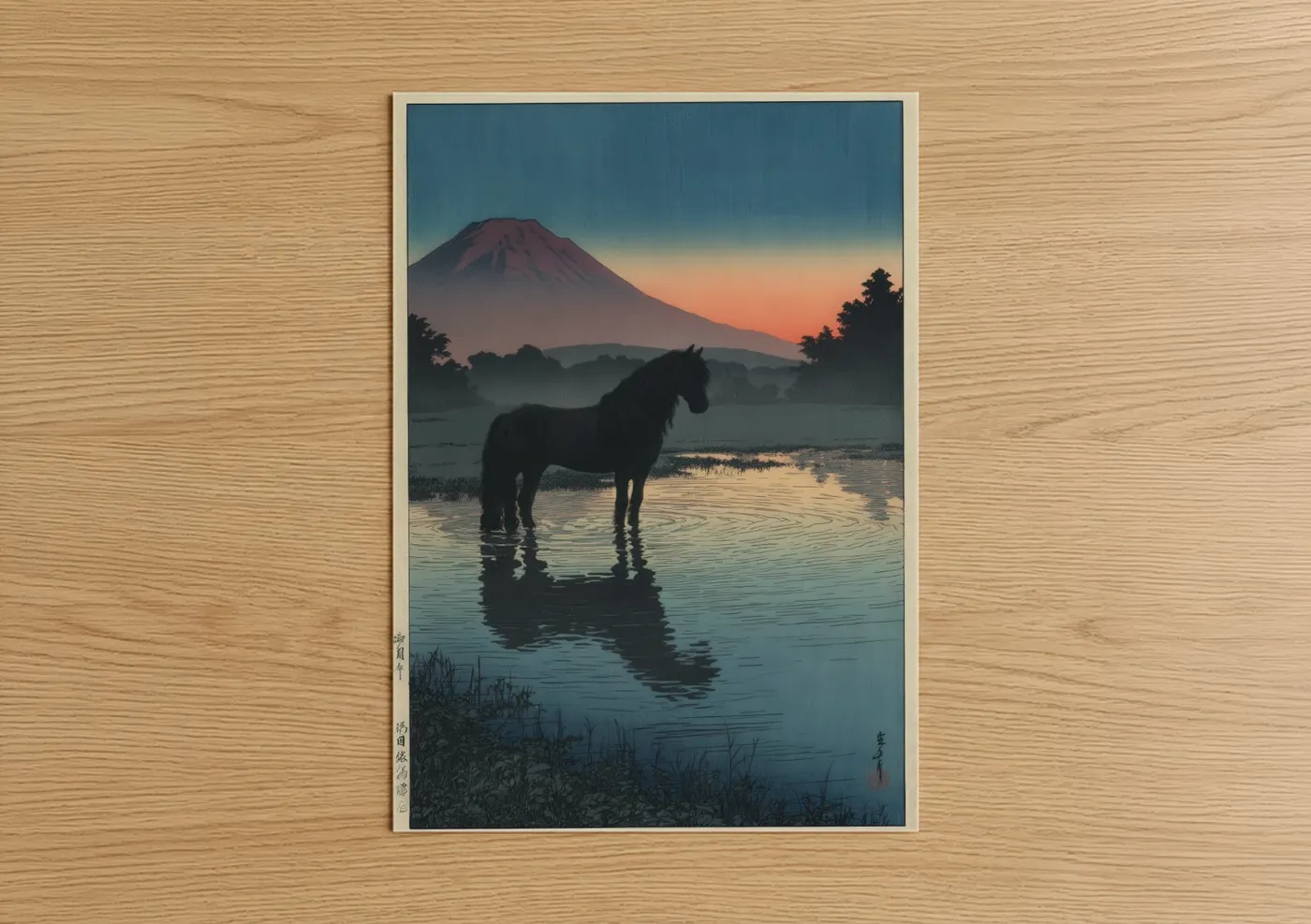 Black Friesian Horse Mount Fuji Sunset Wall Art